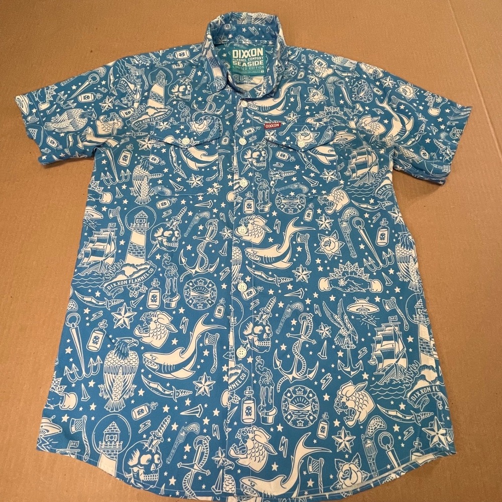 Dixxon Seaside Limited Edition Party Shirt Mens Small S Blue Tattoo Print D-Lite